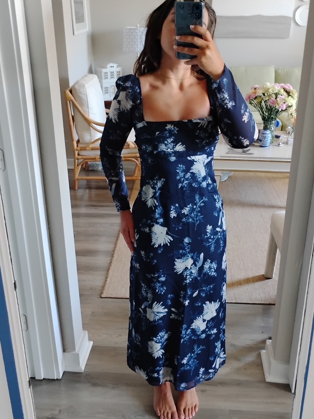 Abercrombie & Fitch Navy and White Floral Long Sleeve Midi Dress